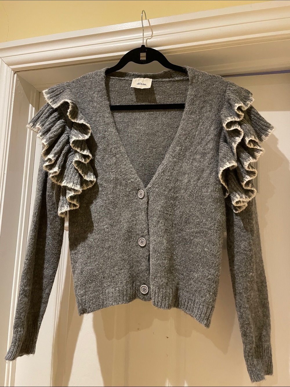DIXIE Made in Italy Ruffle Shoulder Wool Blend Cardigan Grey Coquette Romantic S